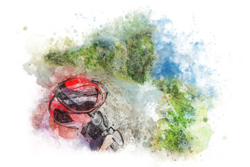 Obraz premium Watercolor illustration. A man in a red helmet on a moped rides on the road