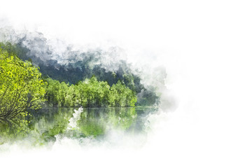 Watercolor illustration. The trees on the shore of the lake