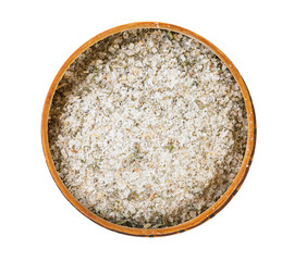 top view of wooden salt cellar with seasoned salt