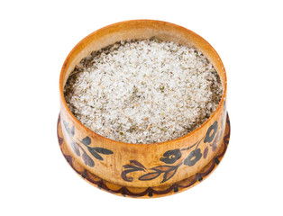 wooden salt cellar with seasoned salt with spices