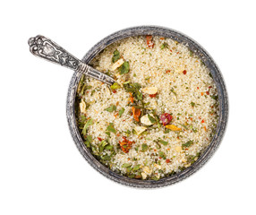 silver salt cellar with spoon with flavoured salt