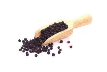Dried pepper seeds in a separate spoon on a white background.