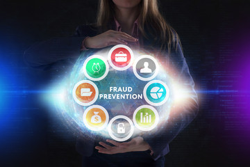 The concept of business, technology, the Internet and the network. A young entrepreneur working on a virtual screen of the future and sees the inscription: Fraud prevention