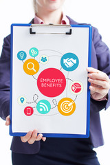 Business, technology, internet and networking concept. Young entrepreneur showing keyword: Employee benefits