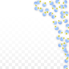 Vector Realistic Blue Petals Falling on Transparent Background.  Spring Romantic Flowers Illustration. Flying Petals. Sakura Spa Design. Blossom Confetti.