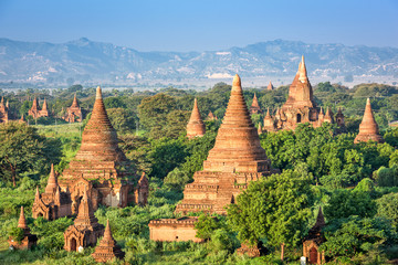 Bagan, Myanmar ancient temple ruins landscape in the archaeological zone