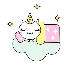 Cute kawaii vector illustration of happy cartoon rainbow cat unicorn sleeping on cloud isolated on white.