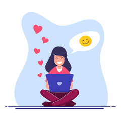 Online chat concept. Flat vector illustration. Young girl with a laptop communicates on the Internet. Reaction, embarrassment to a love confession. Messaging, social networks.