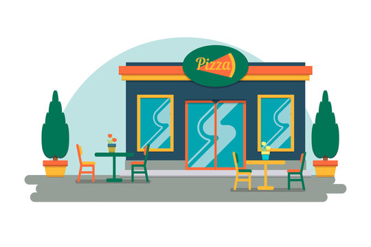Lovely flat design Italian food restaurant. Cartoon pizzeria location background. Vector flat illustration building icon. Design pizza icons for web, business flyers, advertising