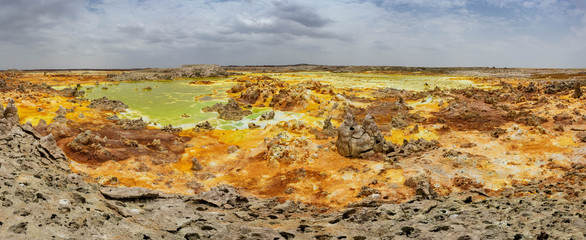 Panorama of the Dallol Volcano. The volcano is known for its extraterrestrial landscapes resembling the surface of Io, the satellite of the planet Jupiter.