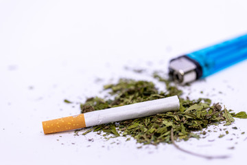 Marijuana leaves, Powder of Cannabis (Drugs) on a White background, For Analysis in laboratory.