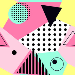 Memphis design, colored geometric shapes, seamless pattern