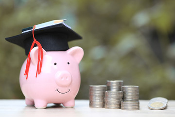 Graduation hat on blue piggy bank with stack of coins money on  nature green background, Saving money for education concept