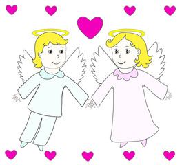 Lovely angels boy and girl fly in the hearts. Child hand drawing retro style. Vector icon, prints, textile decoration, valentine card.