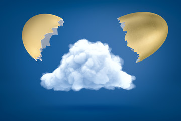 3d rendering of white fluffy cloud with two golden half eggshells on both sides on blue background.