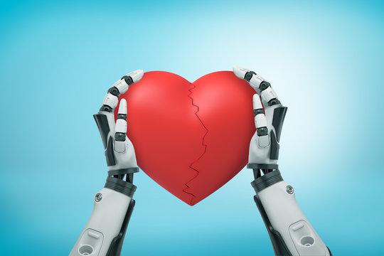 View from above of black and white robot hands holding big red Valentine heart cracked in half on light blue background.
