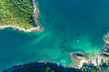 Drone view Top view landscape nature scenery view of Beautiful tropical sea with Sea coast view in summer season image by Aerial view drone shot