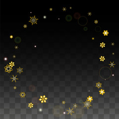 Fototapeta na wymiar Christmas Vector Background with Gold Falling Snowflakes Isolated on Transparent Background. Realistic Snow Sparkle Pattern. Snowfall Overlay Print. Winter Sky. Design for Party Invitation.