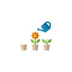 Watering can and flower pot in growing stages vector cartoon clipart. Business growth concept icon set. Water can and plant in a pot care concept illustration.