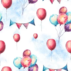 Behang Aquarel kleurrijke luchtballonnen en feestslingers naadloos patroon © depiano