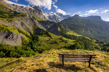 Summer sunset on the La Meije glacier in the Ecrins National Park. La Grave, European Alps, France