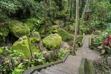 Green garden at Goa Gajah  Temple (Elephant Cave) near Ubud, Bali