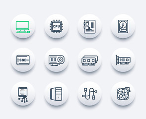 computer components icons, motherboard, CPU, RAM, video card, HDD, SSD, fan, linear style