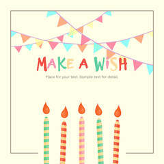 Vector illustration with pennants, candles and text Make a Wish on yellow background. For greeting card, baby shower, holiday party invitation or for post in social media, banner, poster.
