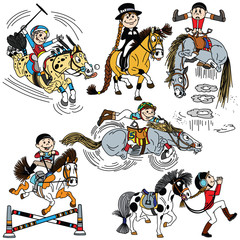 set of cartoon child riding a horse. Kid training his  pony .Collection of funny equestrian sport disciplines : dressage, polo, race and show jumping . Vector illustrations isolated on white 