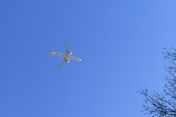 Airplane in the blue sky and cloud.The passenger plane on a background of the dark blue sky.
