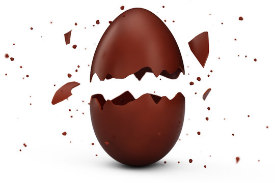 Sweet, chocolate Easter egg cracked into many pieces isolated on a white background. Chocolate Easter egg, holiday symbol. Egg made from cocoa, 3D illustration