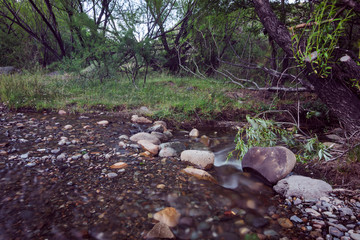 Long exposure shot of a litle creek descending from the mountain in Patagonia