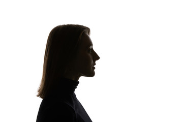 Silhouette of woman with straight hair isolated on white