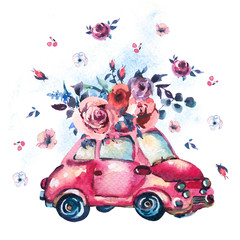 Watercolor fantasy greeting card with cute red retro car, wild flowers and roses