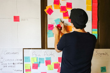 A brainstorming session with sticky notes at a start-up