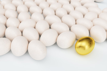 Single golden egg around white eggs, concept individuality, exclusivity and success in life. Unique golden egg. Golden egg stands out among the other eggs. Symbol of holiday, Easter, 3D illustration