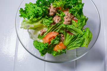 Salad with meat, chicken, lettuce, dill, tomato. For the menu restaurant bar cafe