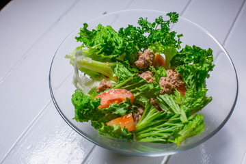Salad with meat, chicken, lettuce, dill, tomato. For the menu restaurant bar cafe