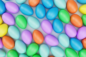 Colorful easter eggs, pastel color, multi color eggs: pink, blue, green, orange, yellow. Concept easter egg hunt. Easter symbol holiday in April, 3D illustration