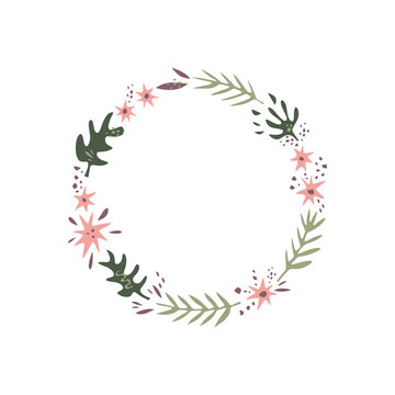 Vector floral illustration, frame or wreath, scrapbook design, pastel florals set, template for logo
