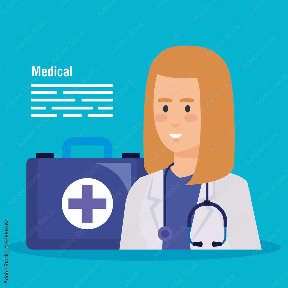 Poster woman doctor with stethoscope and first aid