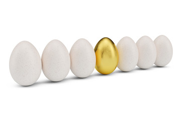 Golden egg around white eggs in row. Golden egg closeup. Golden egg as a sign of wealth, luxury. Egg as a symbol of easter, holiday, weekend, 3D illustration