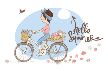 Hello Summer. Vector illustration, young woman on a bicycle.	