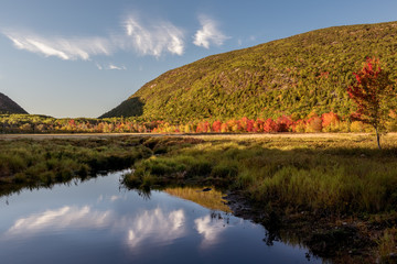Fototapeta premium Lake among the hilly forested mountains. USA. Maine. Acadia National Park.