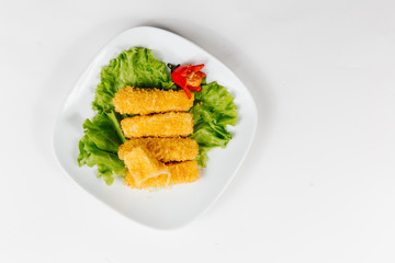 Traditional oriental cuisine of  Vietnam. Tempura cheese nem  in breading on a white background