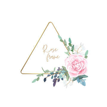 Gold frame with pale roses, eucalyptus leaves and succulent plants. Modern minimalistic vector design.