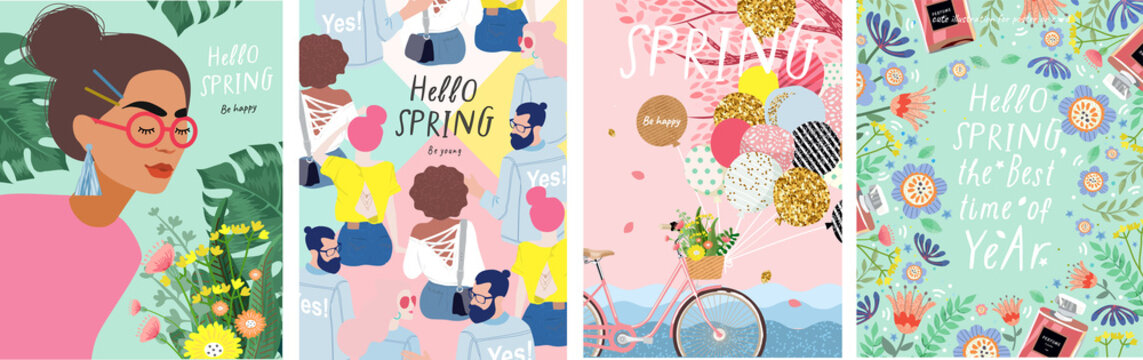 Spring! Cute Vector Illustration Of A Woman With Flowers, A Bicycle With Balloons, Young People And A Floral Frame For A Poster, Card, Flyer Or Banner
