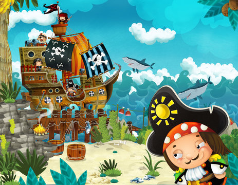 cartoon scene with beach shore with wooden traditional pier harbor pirate ship on some tropical island with pirate captain boy - illustration for children