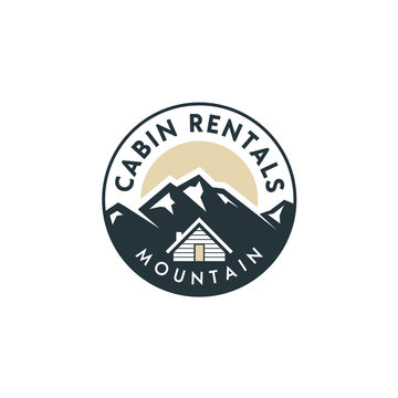 Mountain view with cabin for family village cottage house rent emblem badge label logo design	