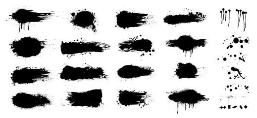 Ink splashes. Black inked splatter dirt stain splattered spray splash with drops blots isolated vector grunge silhouette set